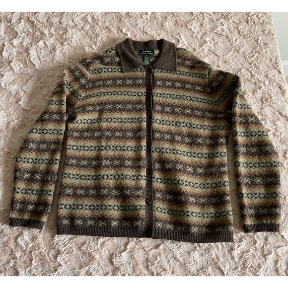 VTG Lauren Ralph Womens XL 100% Lambswool Fair Isle Cardigan Sweater Brown/Tan - Picture 3 of 9